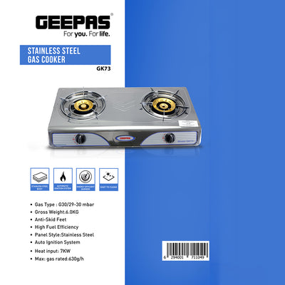 Geepas GK73 Stainless Steel Gas Stove | Powerful 7KW Double Burner | Auto Ignition for Easy Use |Durable Design with High Efficiency Cooking Performance |2 Years Warranty