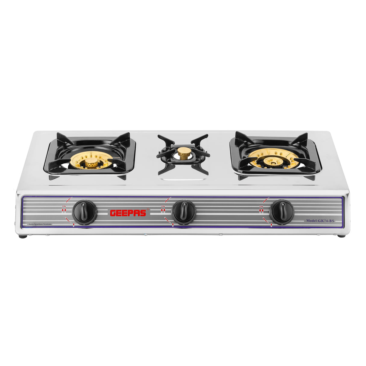 Geepas GK74BS Stainless Steel 3 Burner Gas Cooker | Brass Burners |  Automatic Ignition System |  Low Gas Consumption |  Durable Pan Supports for Home Cooking Use