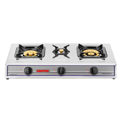 Geepas GK74BS Stainless Steel 3 Burner Gas Cooker | Brass Burners |  Automatic Ignition System |  Low Gas Consumption |  Durable Pan Supports for Home Cooking Use