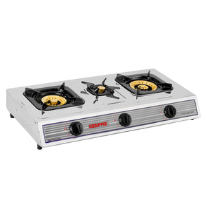 Geepas GK74BS Stainless Steel 3 Burner Gas Cooker | Brass Burners |  Automatic Ignition System |  Low Gas Consumption |  Durable Pan Supports for Home Cooking Use