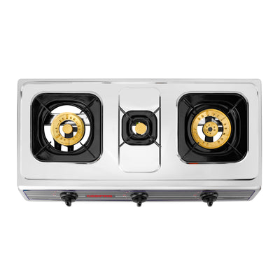 Geepas GK74BS Stainless Steel 3 Burner Gas Cooker | Brass Burners |  Automatic Ignition System |  Low Gas Consumption |  Durable Pan Supports for Home Cooking Use