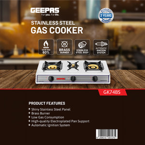 Geepas GK74BS Stainless Steel 3 Burner Gas Cooker | Brass Burners |  Automatic Ignition System |  Low Gas Consumption |  Durable Pan Supports for Home Cooking Use