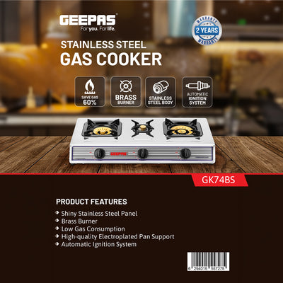 Geepas GK74BS Stainless Steel 3 Burner Gas Cooker | Brass Burners |  Automatic Ignition System |  Low Gas Consumption |  Durable Pan Supports for Home Cooking Use