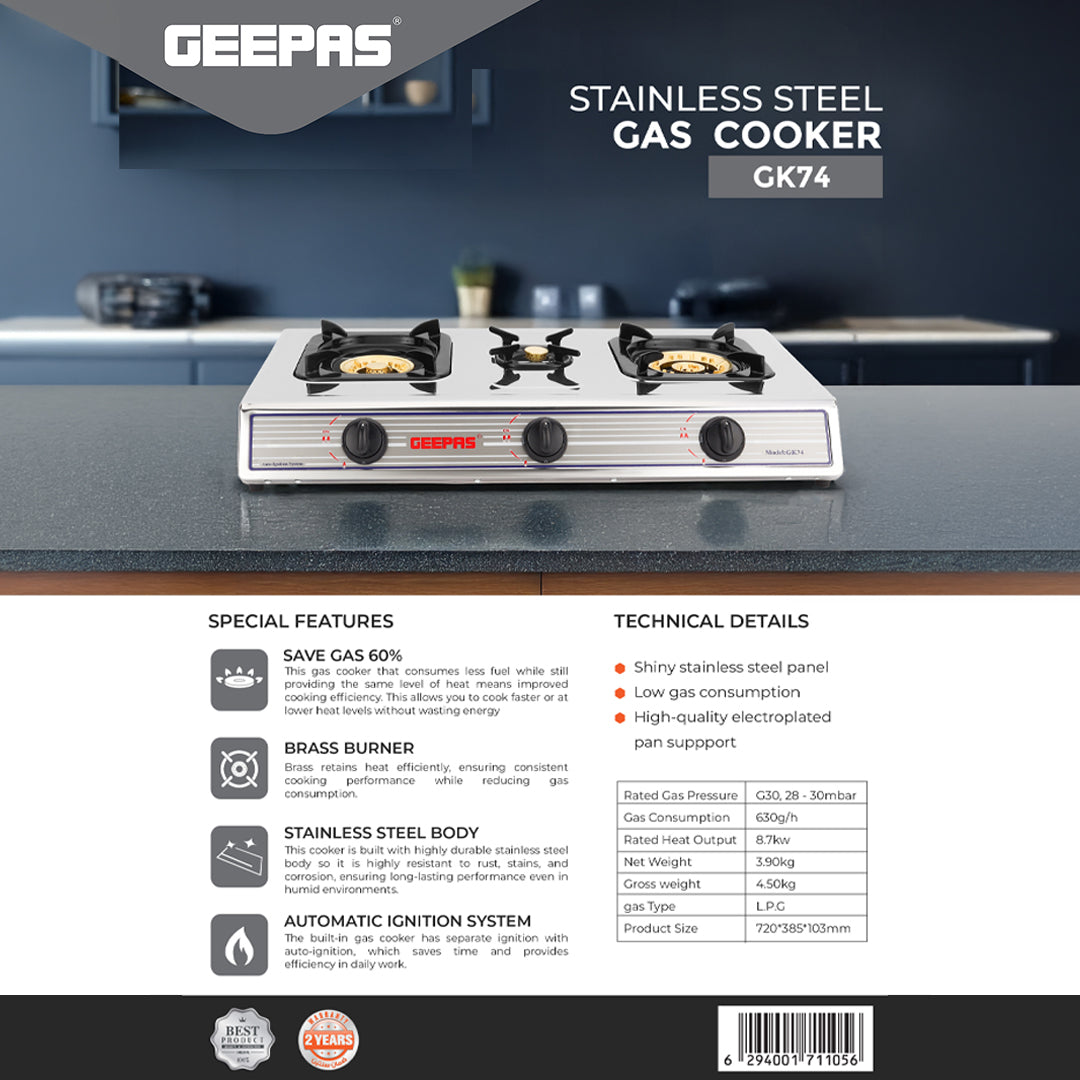 Geepas GK74 Stainless Steel Gas Cooker | 3 Burner Stove | Durable Brass Burners| Auto Ignition System| High Efficiency Flame| Easy to Clean Design | 2 Years Warranty