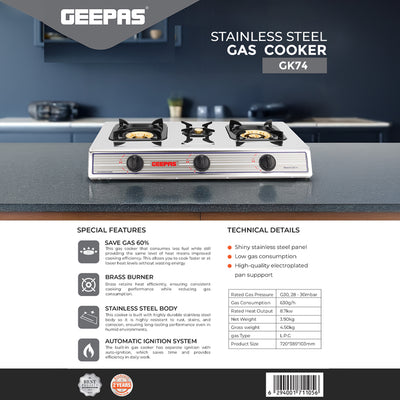 Geepas GK74 Stainless Steel Gas Cooker | 3 Burner Stove | Durable Brass Burners| Auto Ignition System| High Efficiency Flame| Easy to Clean Design | 2 Years Warranty