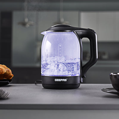Geepas Electric Kettle - Glass Body, Boil Dry Protection & Auto Shut Off | Heats up Quickly & Easily | Boiler for Hot Water, Tea & Coffee Maker | 1.8L Cordless Kettle
