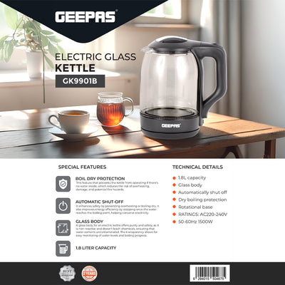 Geepas Electric Kettle - Glass Body| Boil Dry Protection & Auto Shut Off | Heats up Quickly & Easily | Boiler for Hot Water| Tea & Coffee Maker | 1.8L| 2 Years Warranty