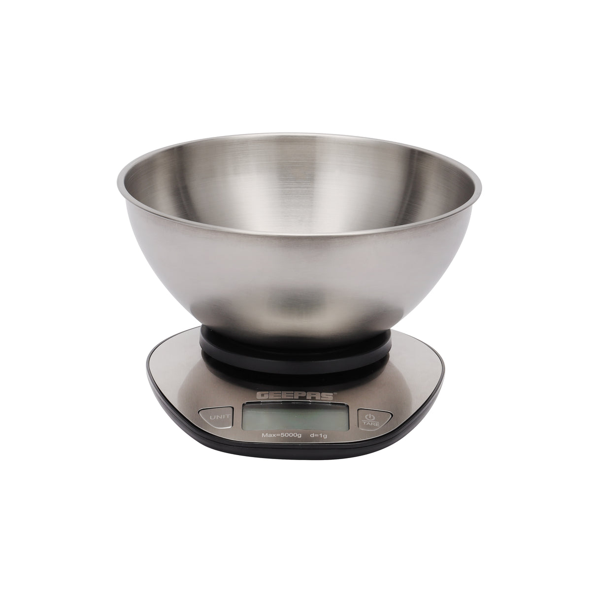 Geepas GKS4203 Stainless Steel Kitchen Scale | 5kg Capacity with Stainless Steel Bowl, LCD Backlight Display, Multi-Unit Measure, Low Power Use, 2-Year Warranty