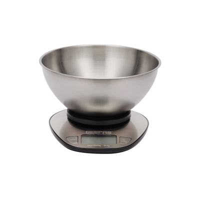 Geepas GKS4203 Stainless Steel Kitchen Scale | 5kg Capacity with Stainless Steel Bowl, LCD Backlight Display, Multi-Unit Measure, Low Power Use, 2-Year Warranty