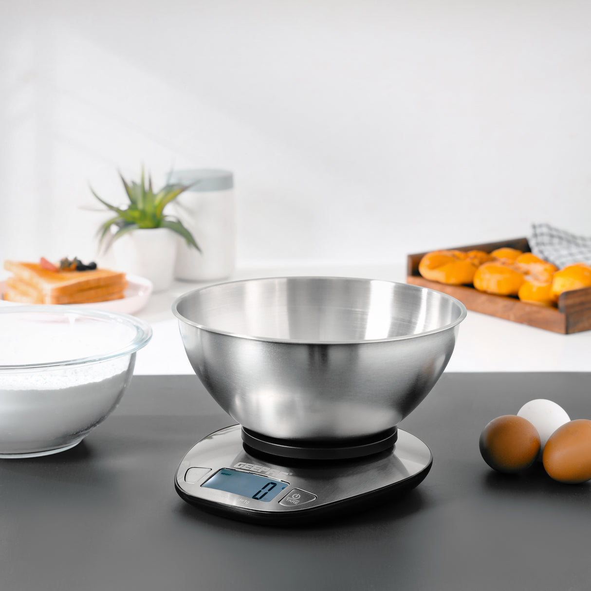 Geepas GKS4203 Stainless Steel Kitchen Scale | 5kg Capacity with Stainless Steel Bowl, LCD Backlight Display, Multi-Unit Measure, Low Power Use, 2-Year Warranty