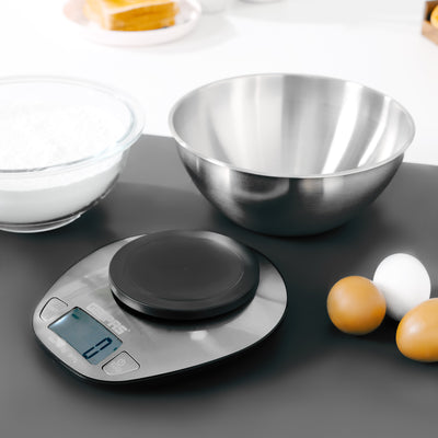 Geepas GKS4203 Stainless Steel Kitchen Scale | 5kg Capacity with Stainless Steel Bowl, LCD Backlight Display, Multi-Unit Measure, Low Power Use, 2-Year Warranty