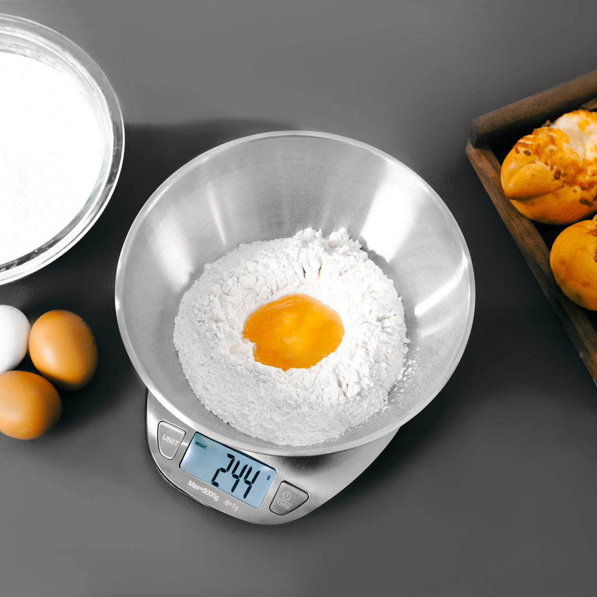 Geepas GKS4203 Stainless Steel Kitchen Scale | 5kg Capacity with Stainless Steel Bowl, LCD Backlight Display, Multi-Unit Measure, Low Power Use, 2-Year Warranty