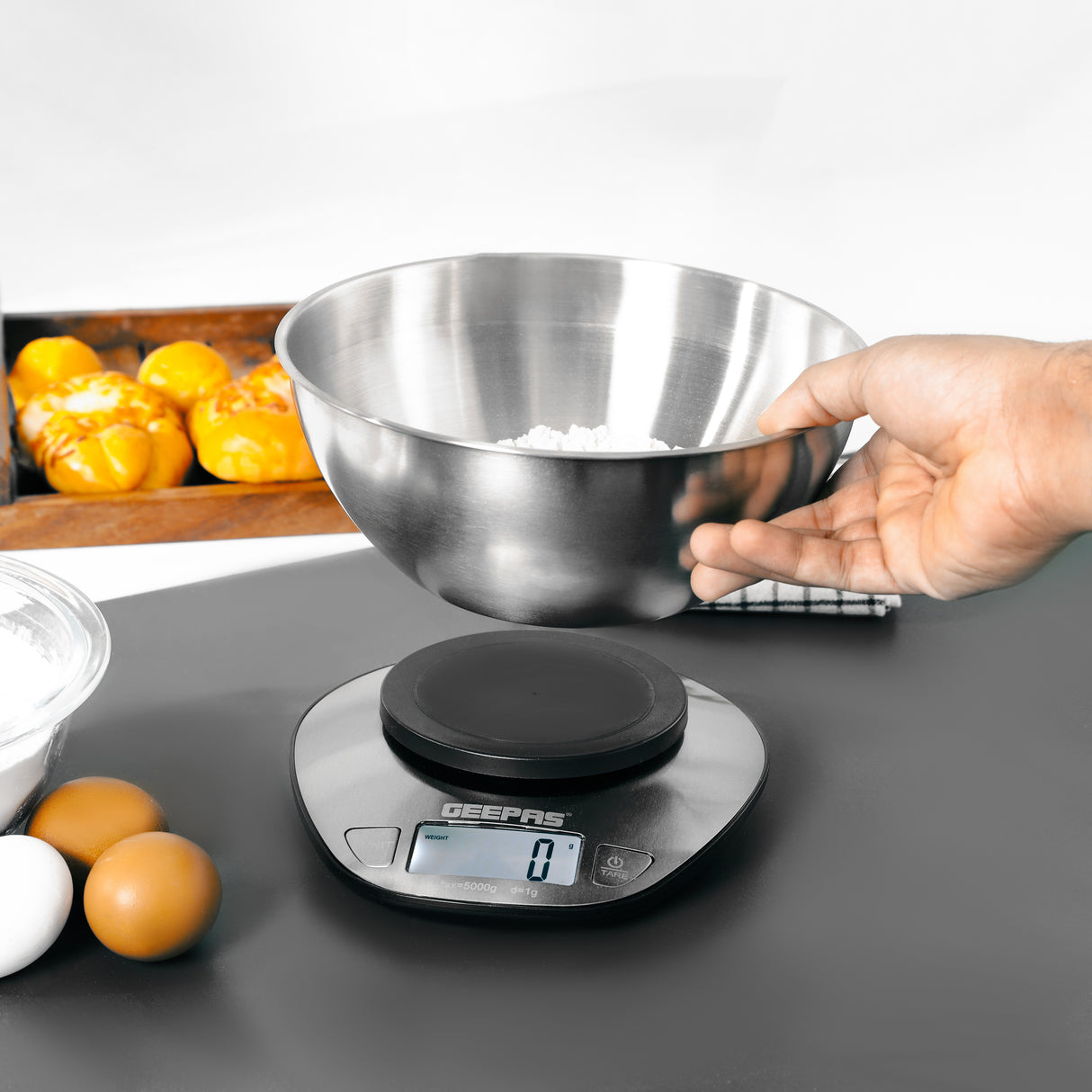 Geepas GKS4203 Stainless Steel Kitchen Scale | 5kg Capacity with Stainless Steel Bowl, LCD Backlight Display, Multi-Unit Measure, Low Power Use, 2-Year Warranty