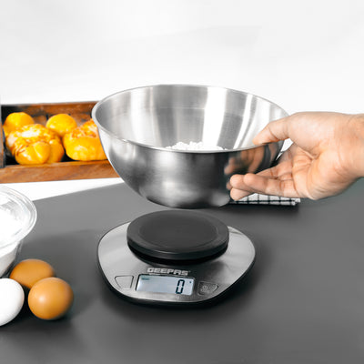 Geepas GKS4203 Stainless Steel Kitchen Scale | 5kg Capacity with Stainless Steel Bowl, LCD Backlight Display, Multi-Unit Measure, Low Power Use, 2-Year Warranty