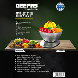 Geepas GKS4203 Stainless Steel Kitchen Scale | 5kg Capacity with Stainless Steel Bowl, LCD Backlight Display, Multi-Unit Measure, Low Power Use, 2-Year Warranty