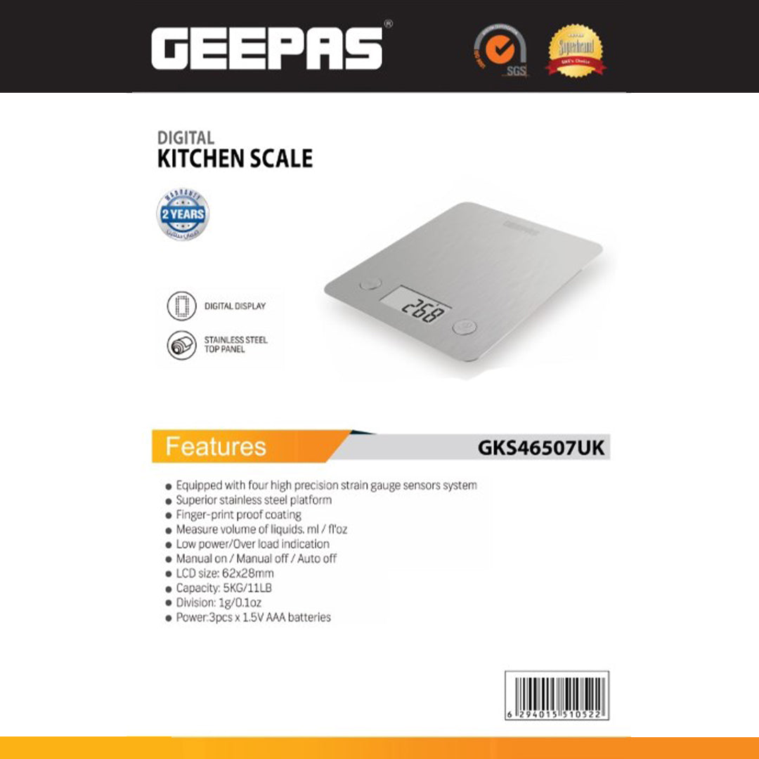 Geepas Digital Kitchen Scale GKS46507UK | High Precision Food Scale for Cooking & Baking | LCD Display, Stainless Steel, Slim Design, Easy to Clean & Durable