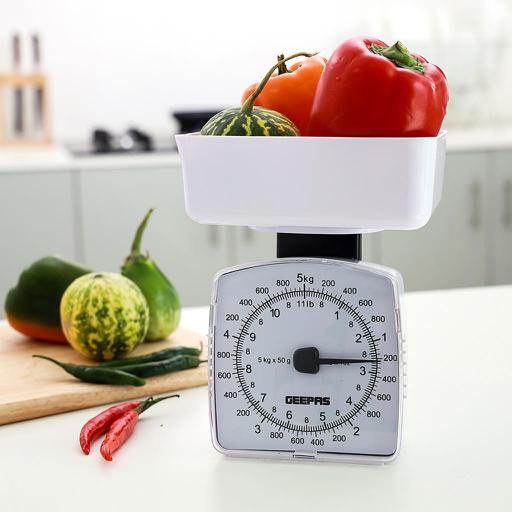 Geepas GKS46512 Kitchen Scale | 5kg Capacity Mechanical Weighing Scale | Durable ABS Body| Easy-to-Clean PS Tray| Easy-to-Read Dial| Compact Design| 2 Years Warranty