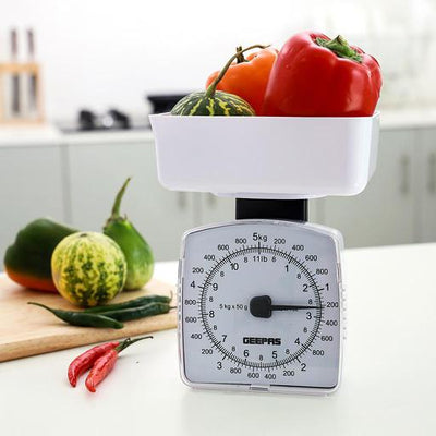Geepas GKS46512 Kitchen Scale | 5kg Capacity Mechanical Weighing Scale | Durable ABS Body| Easy-to-Clean PS Tray| Easy-to-Read Dial| Compact Design| 2 Years Warranty
