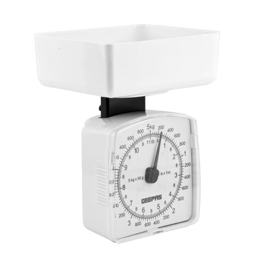 Geepas GKS46512 Kitchen Scale | 5kg Capacity Mechanical Weighing Scale | Durable ABS Body| Easy-to-Clean PS Tray| Easy-to-Read Dial| Compact Design| 2 Years Warranty