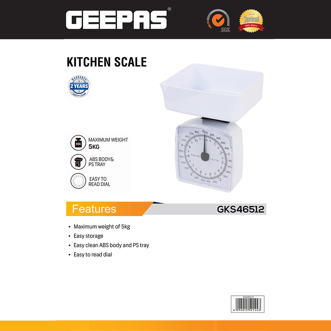 Geepas GKS46512 Kitchen Scale | 5kg Capacity Mechanical Weighing Scale | Durable ABS Body| Easy-to-Clean PS Tray| Easy-to-Read Dial| Compact Design| 2 Years Warranty