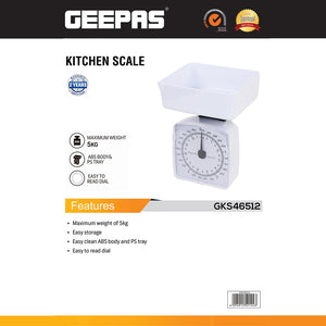 Geepas GKS46512 Kitchen Scale | 5kg Capacity Mechanical Weighing Scale | Durable ABS Body| Easy-to-Clean PS Tray| Easy-to-Read Dial| Compact Design| 2 Years Warranty