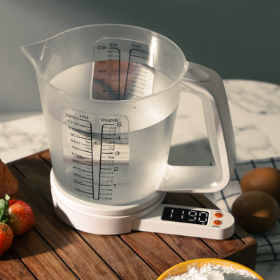 Geepas Kitchen Scale with Measuring Cup GKS46514 | LED Screen with Illuminated Digits, 5KG Capacity | Multi Units (g, oz, ml), Low Power Use | White, 2 Years Warranty