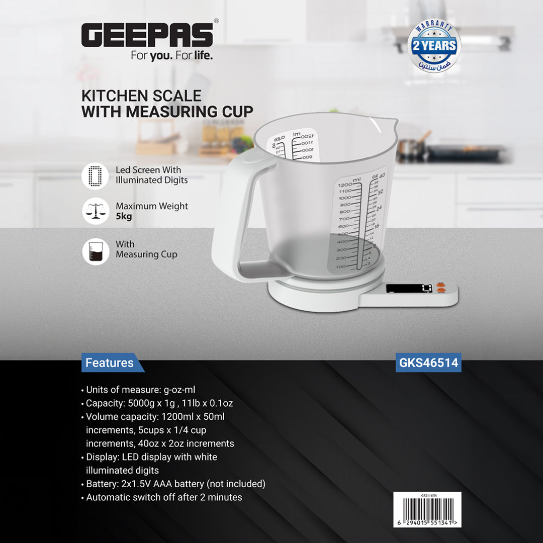 Geepas Kitchen Scale with Measuring Cup GKS46514 | LED Screen with Illuminated Digits, 5KG Capacity | Multi Units (g, oz, ml), Low Power Use | White, 2 Years Warranty