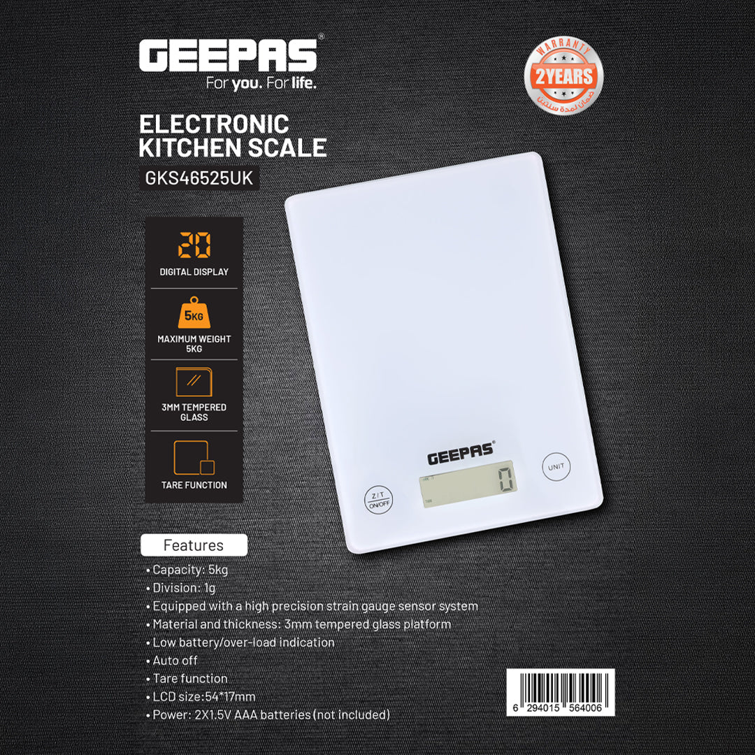 Geepas GKS46525UK Electronic Kitchen Scale 5kg | Digital Display | Tare Function | 3mm Tempered Glass Platform | High Precision Sensor & Auto Off Feature for Home Use