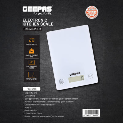 Geepas GKS46525UK Electronic Kitchen Scale 5kg | Digital Display | Tare Function | 3mm Tempered Glass Platform | High Precision Sensor & Auto Off Feature for Home Use