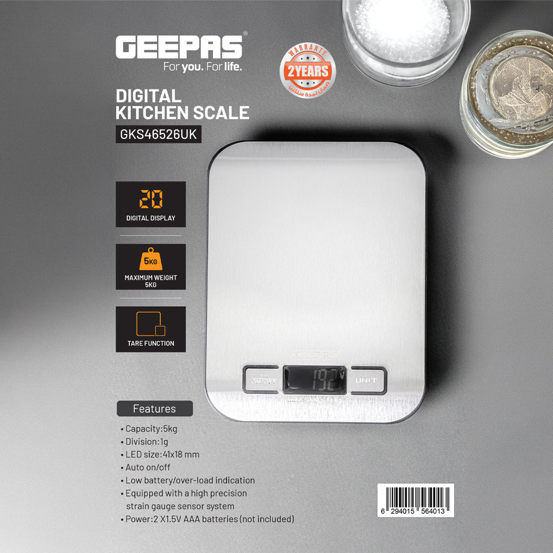 Geepas Digital Kitchen Scale GKS46526UK 5kg | LED Display | Tare Function | High Precision Sensor | Auto On/Off | Stainless Steel Platform & Accurate 1g Measurement