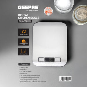 Geepas Digital Kitchen Scale GKS46526UK 5kg | LED Display | Tare Function | High Precision Sensor | Auto On/Off | Stainless Steel Platform & Accurate 1g Measurement