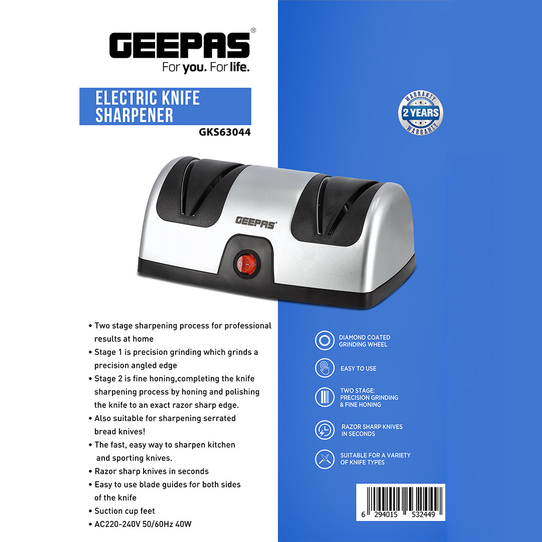 Geepas Electric Knife Sharpener GKS63044 | 2-Stage Precision Grinding & Honing | Diamond-Coated Wheels | Razor Sharp Finish | Compact & Easy to Use | 40W Power | Home Use