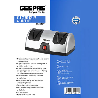 Geepas Electric Knife Sharpener GKS63044 | 2-Stage Precision Grinding & Honing | Diamond-Coated Wheels | Razor Sharp Finish | Compact & Easy to Use | 40W Power | Home Use