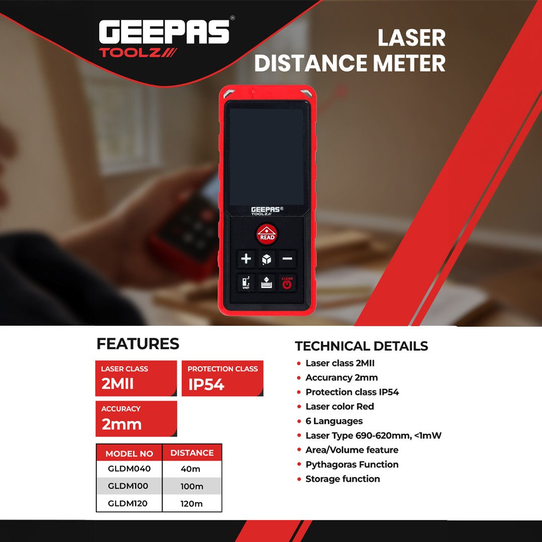 Geepas GLDM040 Laser Distance Meter 40M |  IP54 Digital Laser Measuring Tool |  High Precision Accuracy |  IP54 Protection Rating  | Multi-Language Interface |