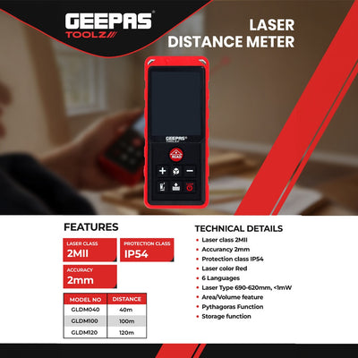 Geepas GLDM040 Laser Distance Meter 40M |  IP54 Digital Laser Measuring Tool |  High Precision Accuracy |  IP54 Protection Rating  | Multi-Language Interface |