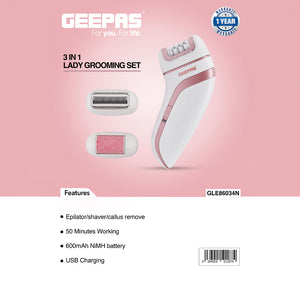 Geepas GLE86034 3-in-1 Lady Grooming Set | Epilator, Shaver & Callus Remover| 600mAh Rechargeable NiMH Battery| 50 Minutes Working Time| Compact Design| 1 Year Warranty