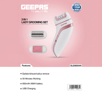 Geepas GLE86034 3-in-1 Lady Grooming Set | Epilator, Shaver & Callus Remover| 600mAh Rechargeable NiMH Battery| 50 Minutes Working Time| Compact Design| 1 Year Warranty