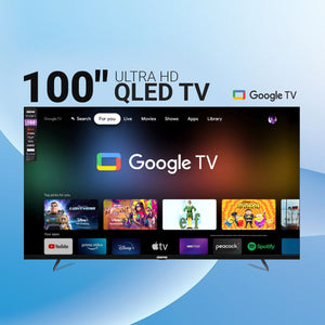 Geepas 100" Ultra HD QLED TV- GLED1007SGQLD with Remote Control | HDMI and USB Ports| Google TV| Dolby/ Pre-installed Apps like Netflix, YouTube, and Prime Video