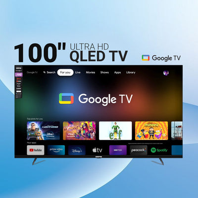 Geepas 100" Ultra HD QLED TV- GLED1007SGQLD with Remote Control | HDMI and USB Ports| Google TV| Dolby/ Pre-installed Apps like Netflix, YouTube, and Prime Video