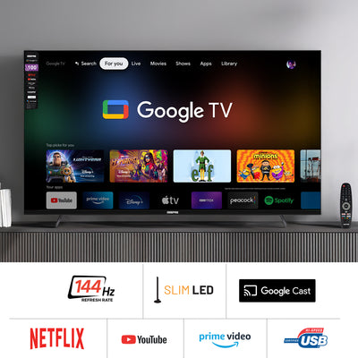 Geepas 100" Ultra HD QLED TV- GLED1007SGQLD with Remote Control | HDMI and USB Ports| Google TV| Dolby/ Pre-installed Apps like Netflix, YouTube, and Prime Video