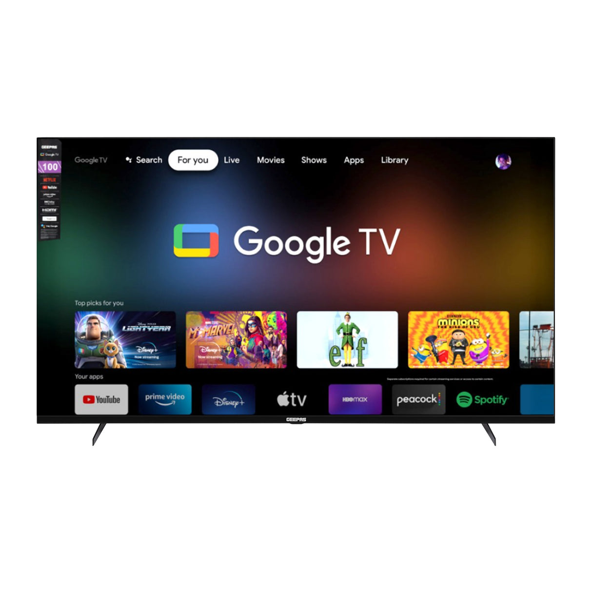 Geepas 100" Ultra HD QLED TV- GLED1007SGQLD with Remote Control | HDMI and USB Ports| Google TV| Dolby/ Pre-installed Apps like Netflix, YouTube, and Prime Video