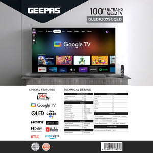 Geepas 100" Ultra HD QLED TV- GLED1007SGQLD with Remote Control | HDMI and USB Ports| Google TV| Dolby/ Pre-installed Apps like Netflix, YouTube, and Prime Video