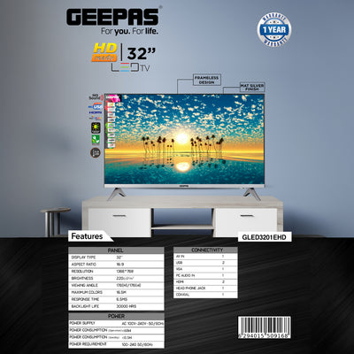 Geepas GLED3201EHD 32-Inch HD Ready LED TV | Frameless Design with Mat Silver Finish| HQ Sound | HDMI & USB Connectivity |  176° Wide Viewing Angle | Slim Design