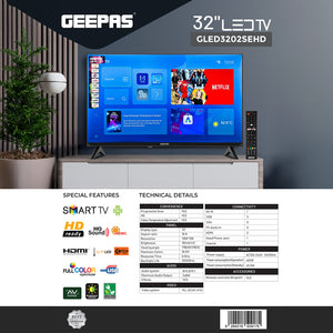 Geepas GLED3202SEHD 32-Inch Smart LED TV | HD Ready Android TV with HDMI & USB | MEMC Technology | HQ Sound System | Full Color Optimizer | Energy Saving Technology
