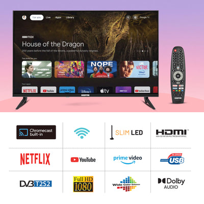 Geepas GLED3214SGXHD 32-Inch Full HD Smart LED TV | Google TV with Chromecast Built-In| 1920x1080 Resolution| Dolby Audio| 3 HDMI| 2 USB Ports| 2x8W Stereo Speakers