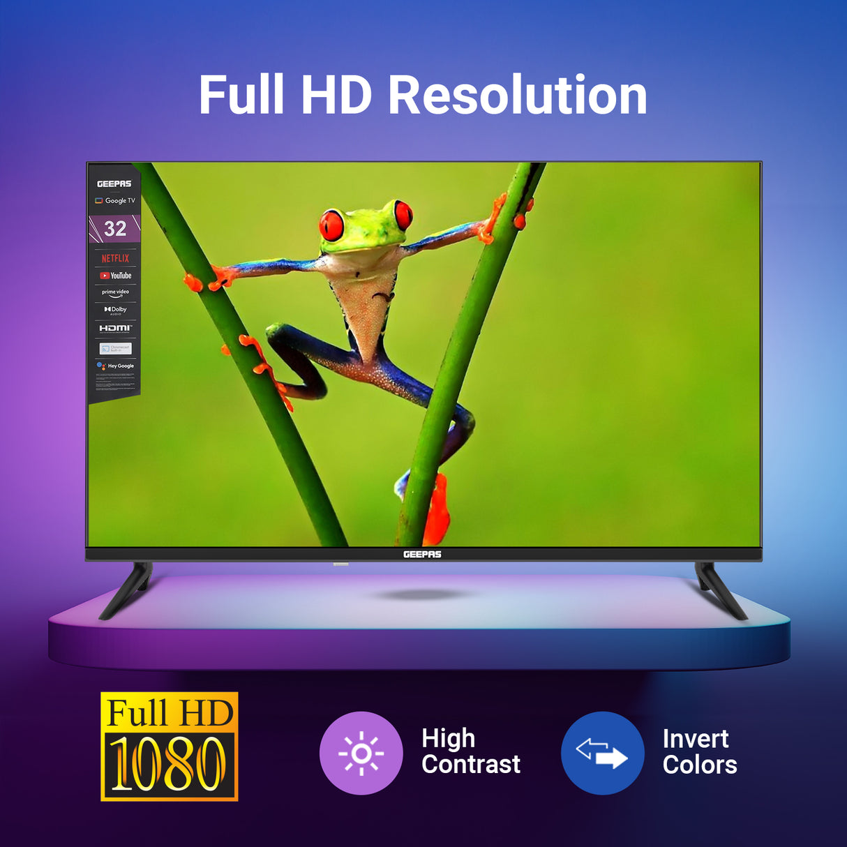 Geepas GLED3214SGXHD 32-Inch Full HD Smart LED TV | Google TV with Chromecast Built-In| 1920x1080 Resolution| Dolby Audio| 3 HDMI| 2 USB Ports| 2x8W Stereo Speakers