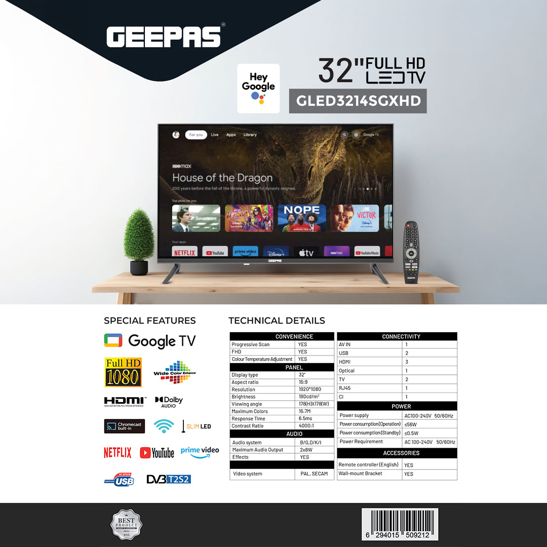 Geepas GLED3214SGXHD 32-Inch Full HD Smart LED TV | Google TV with Chromecast Built-In| 1920x1080 Resolution| Dolby Audio| 3 HDMI| 2 USB Ports| 2x8W Stereo Speakers