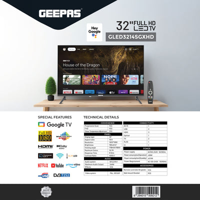 Geepas GLED3214SGXHD 32-Inch Full HD Smart LED TV | Google TV with Chromecast Built-In| 1920x1080 Resolution| Dolby Audio| 3 HDMI| 2 USB Ports| 2x8W Stereo Speakers