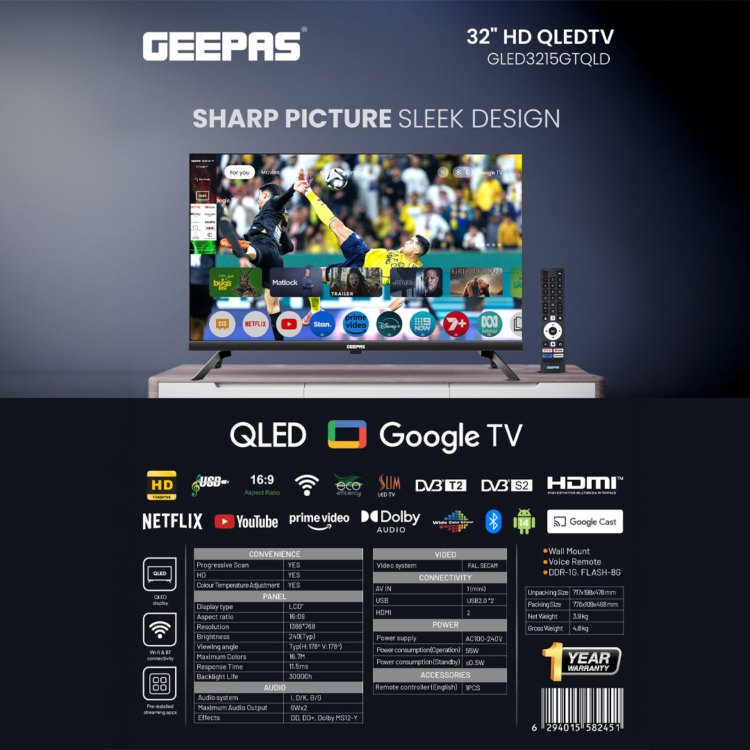 Geepas GLED3215GTQLD 32 Inch HD QLED Smart Google TV | Dolby Audio | Built-in Chromecast | HDMI & USB | 1366x768 Resolution |  Remote & Slim Design | 1-Year Warranty