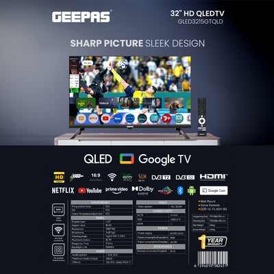Geepas GLED3215GTQLD 32 Inch HD QLED Smart Google TV | Dolby Audio | Built-in Chromecast | HDMI & USB | 1366x768 Resolution |  Remote & Slim Design | 1-Year Warranty